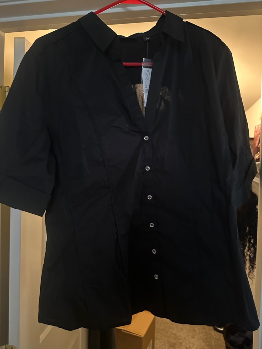 New York & Company Black Short-Sleeve Button Front Blouse